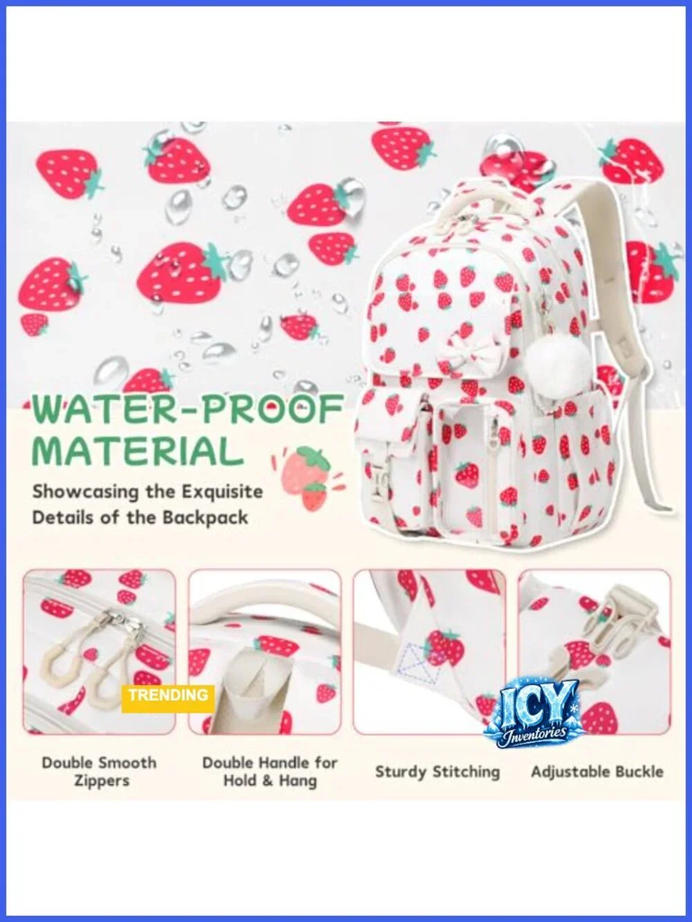 Girls Backpack with Strawberry Bow Design, Laptop Compartment